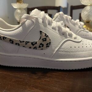 Nike White Sneakers with Leopard Print Swoosh